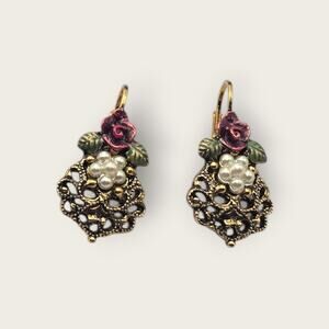 Vintage 1928 Jewelry Filigree Rose & Pearl Drop Earrings